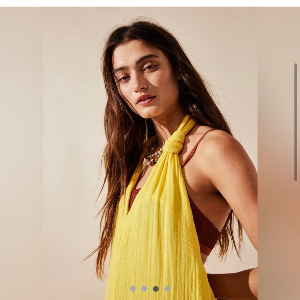 Free People Free-est Knot It Up Low Back Jumpsuit Halter Bohemian Gauze Yellow - Picture 6 of 12